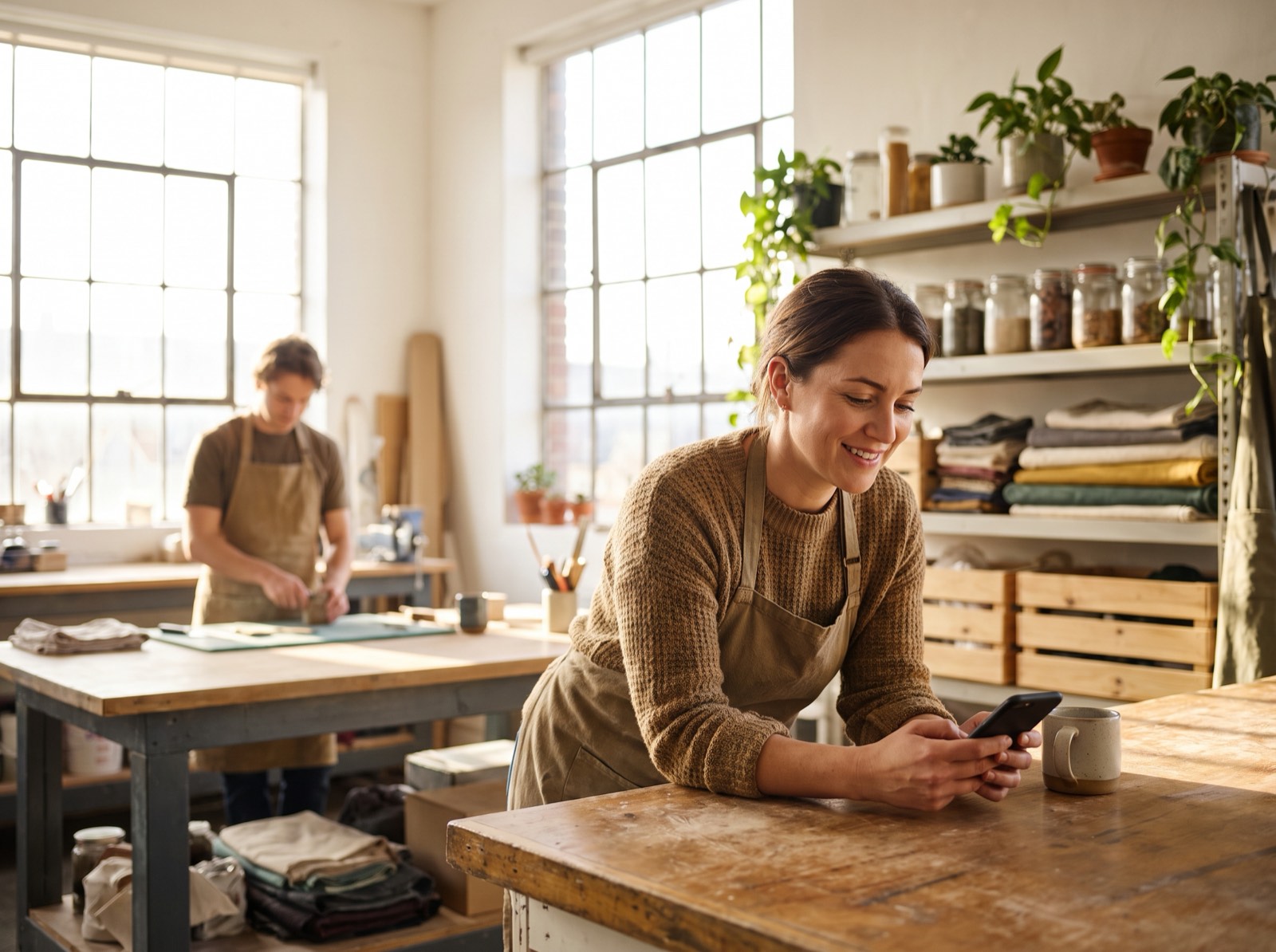 A workshop owner smiling at her phone at her workbench while a colleague works behind her